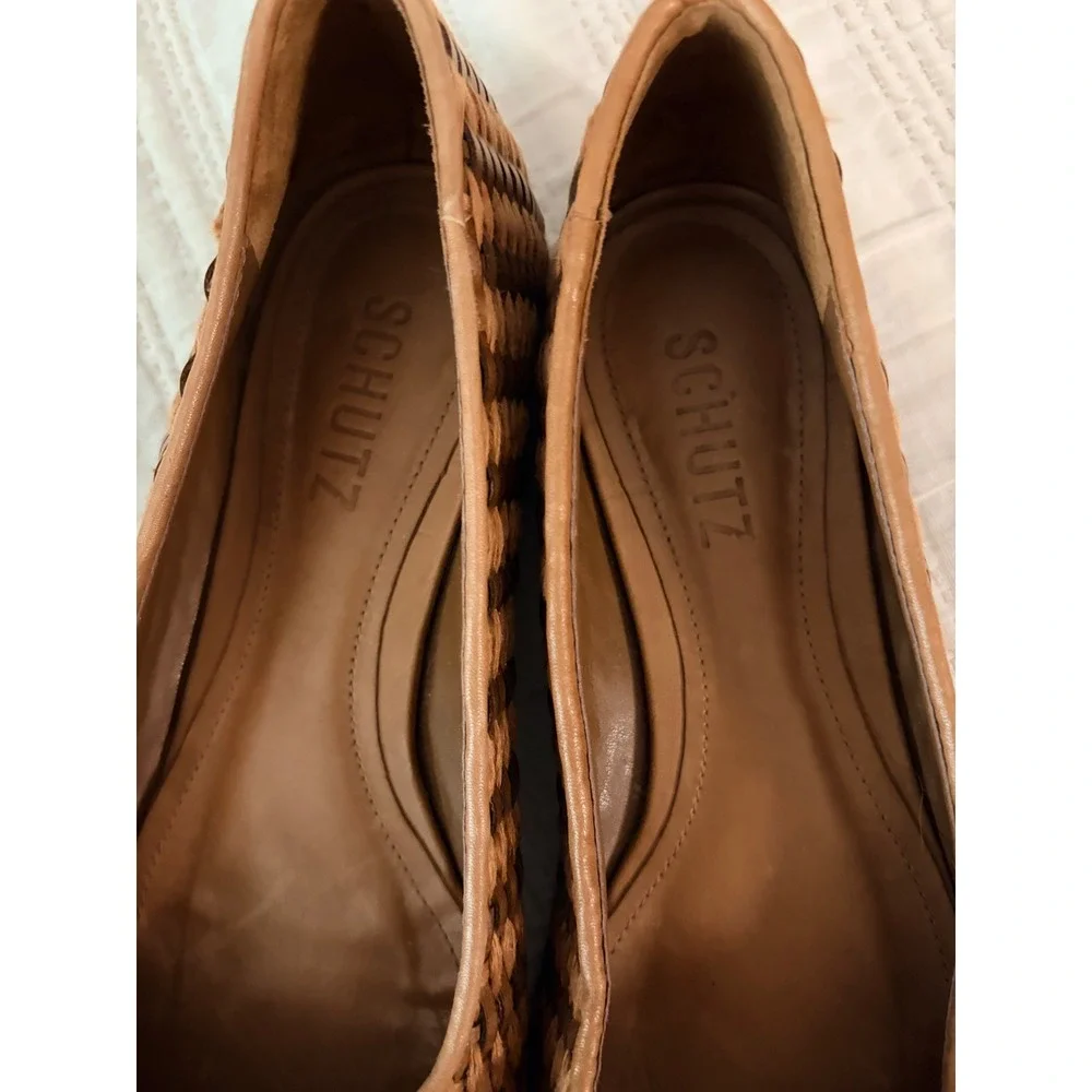 Schutz Woven Raffia Ballet Flats Tan Brown Bow Round Toe Size 7B Made in Brazil